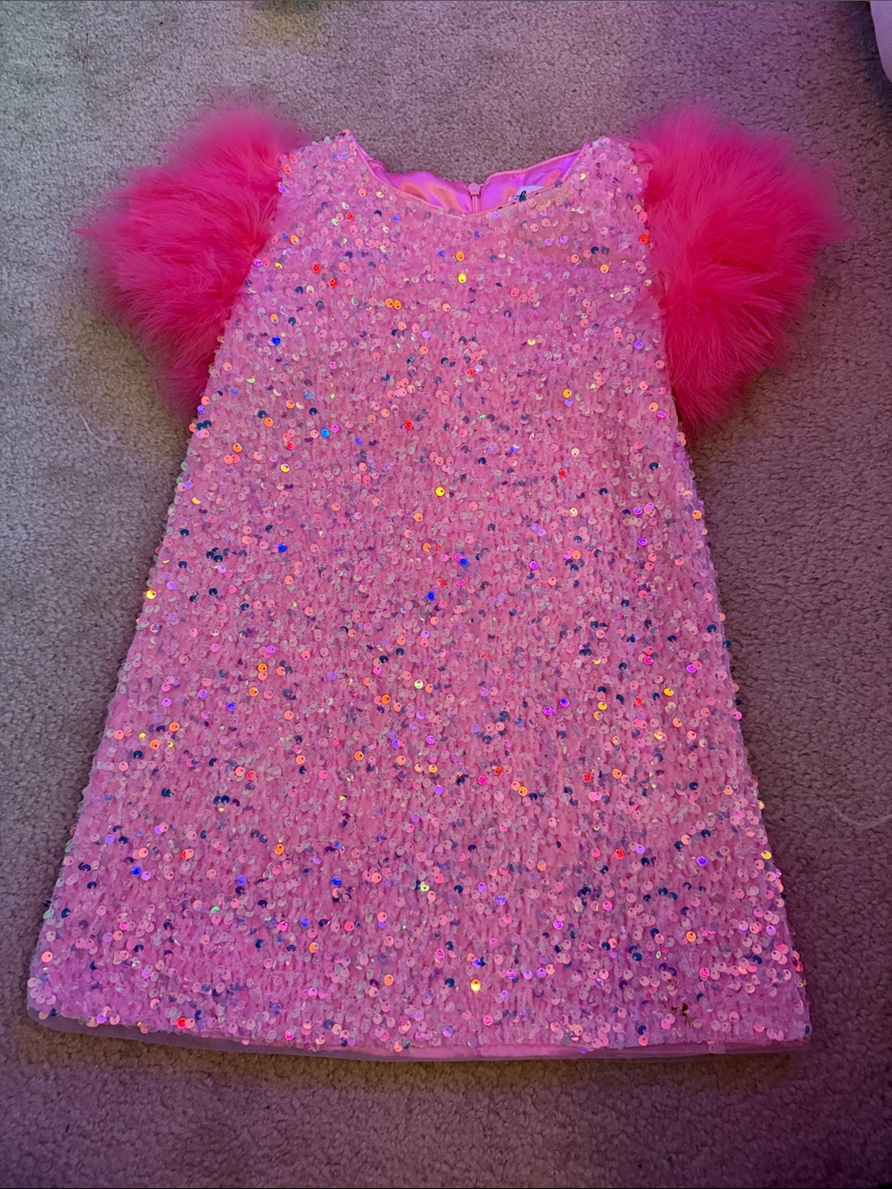 Lola + The Boys Pink Sequin Dress with Fluffy Sleeve Accents